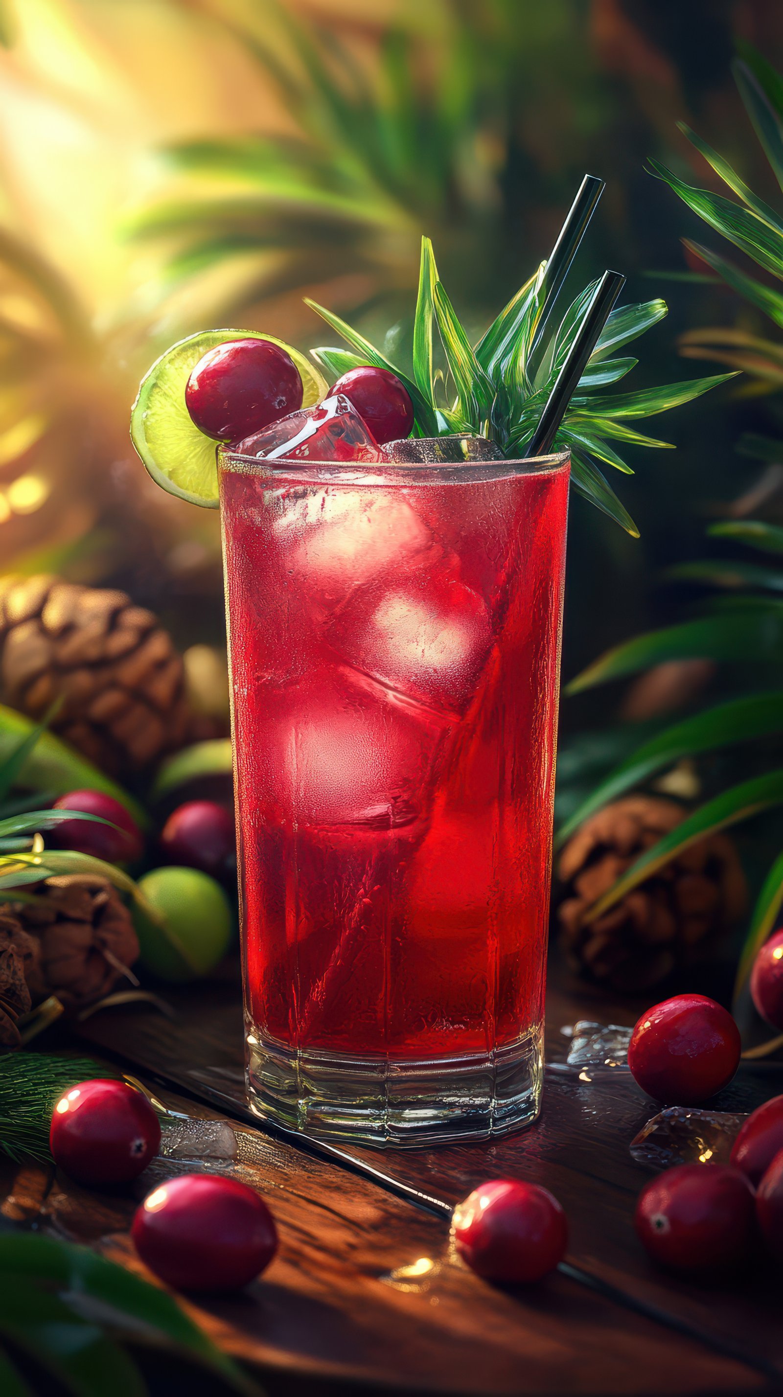 Refreshing drink garnished with cranberries and lime surrounded by tropical foliage at sunset